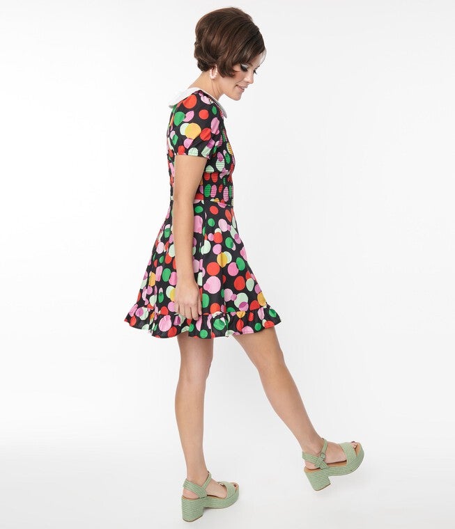 Smak Parlour Black & Rainbow Dot Smocked Fit & Flare Dress, Black Polka Dot / Black, alternate image number null