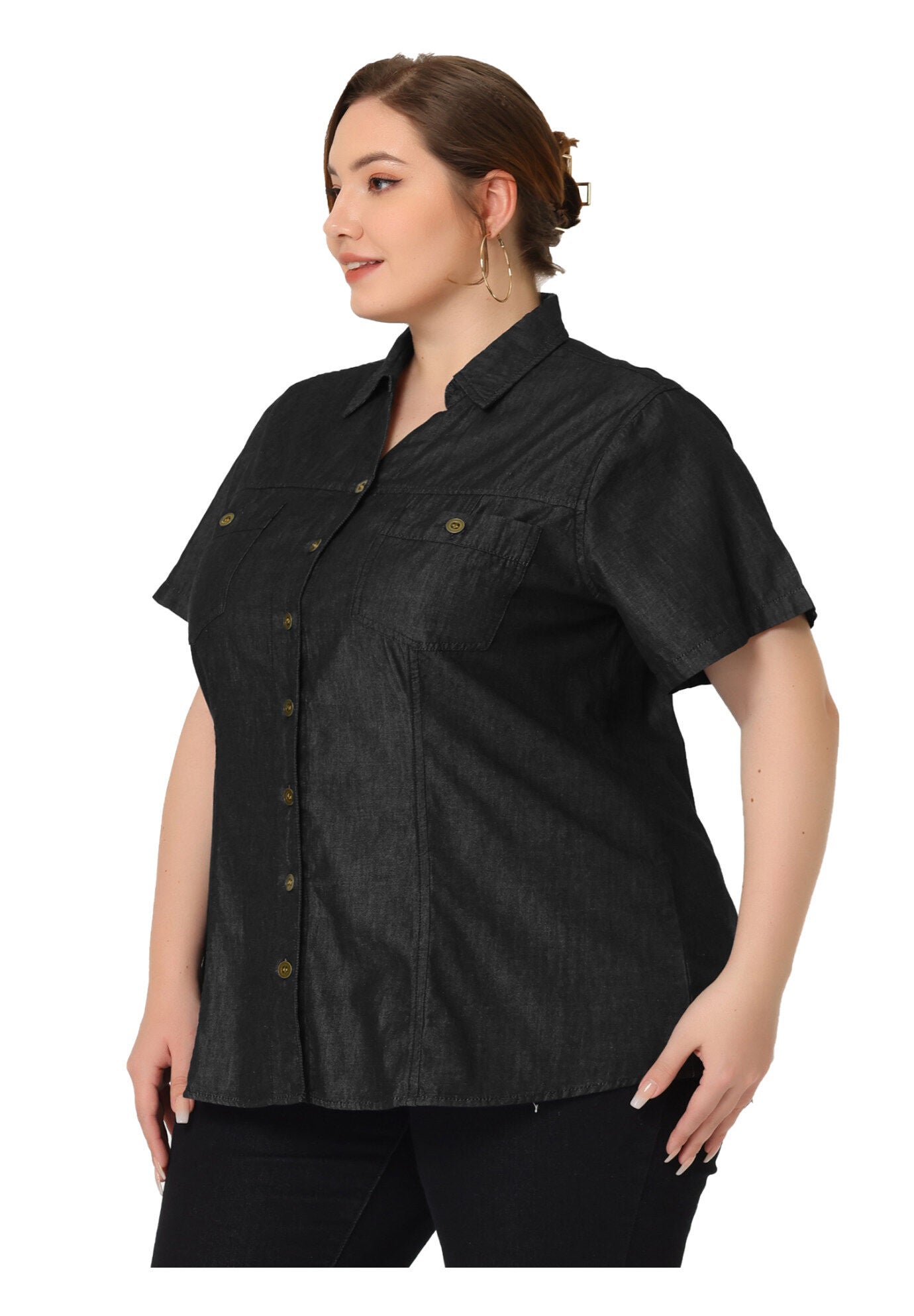 Short Sleeve Chambray Button Down Denim Shirt, Black / Black, hi-res image number 0