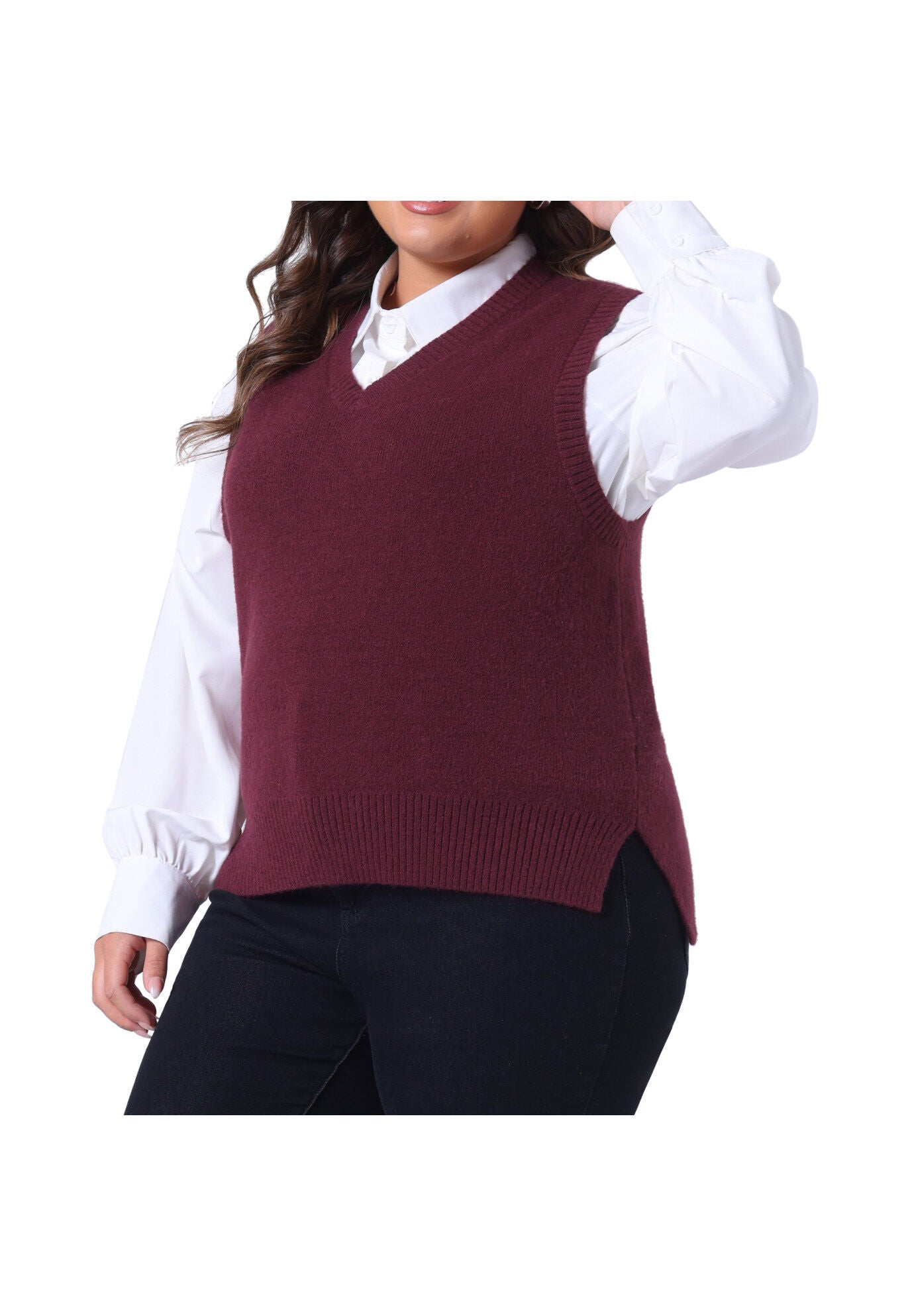 V Neck Knit Vest Sleeveless Pullover Sweater Top, Burgundy / Red, alternate image number 1