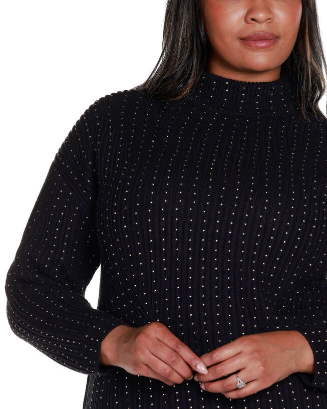 EMBELLISHED MOCK NECK RIBBED SWEATER, Black / Black, alternate image number 3
