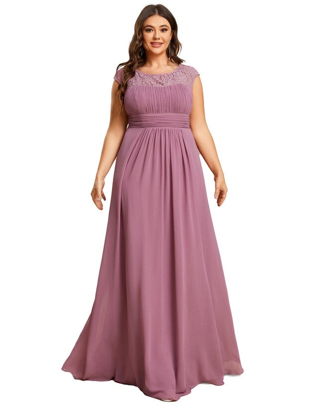 Elegant Chiffon Maxi Evening Dress with Lace Cap Sleeve, Purple Orchid / Purple, alternate image number null