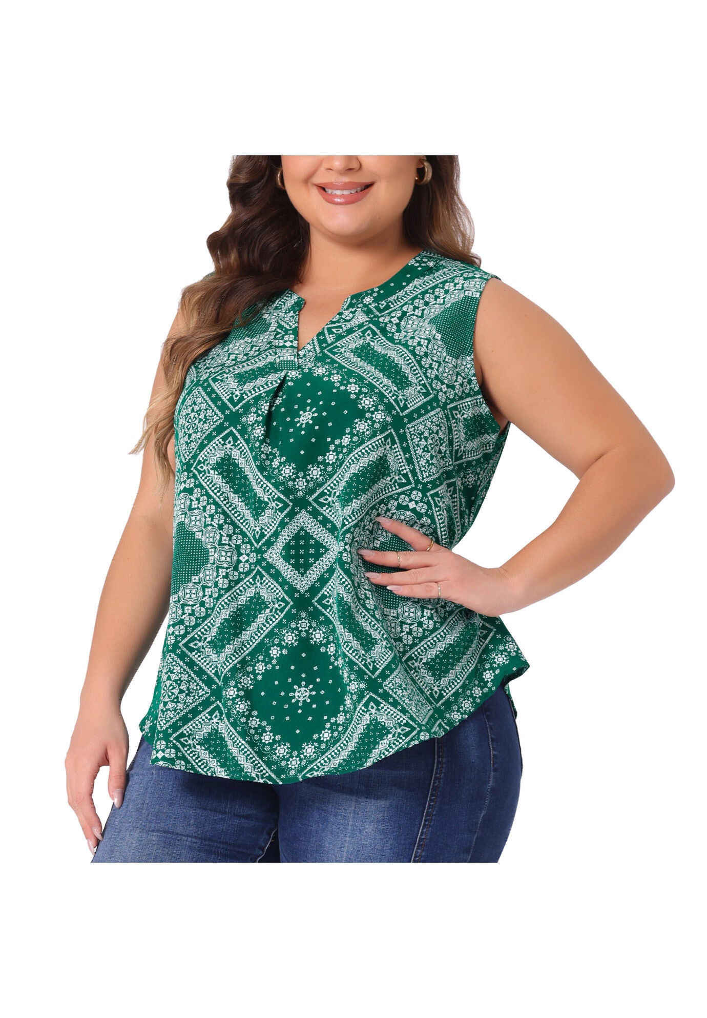 Sleeveless Floral Print V Neck Tunic Tank Top, Green / Forest Green, alternate image number 1