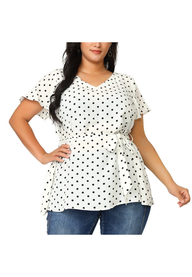 Tie Waist Polka Dots Ruffle Summer Short Sleeve Blouse, White / White, alternate image number 1