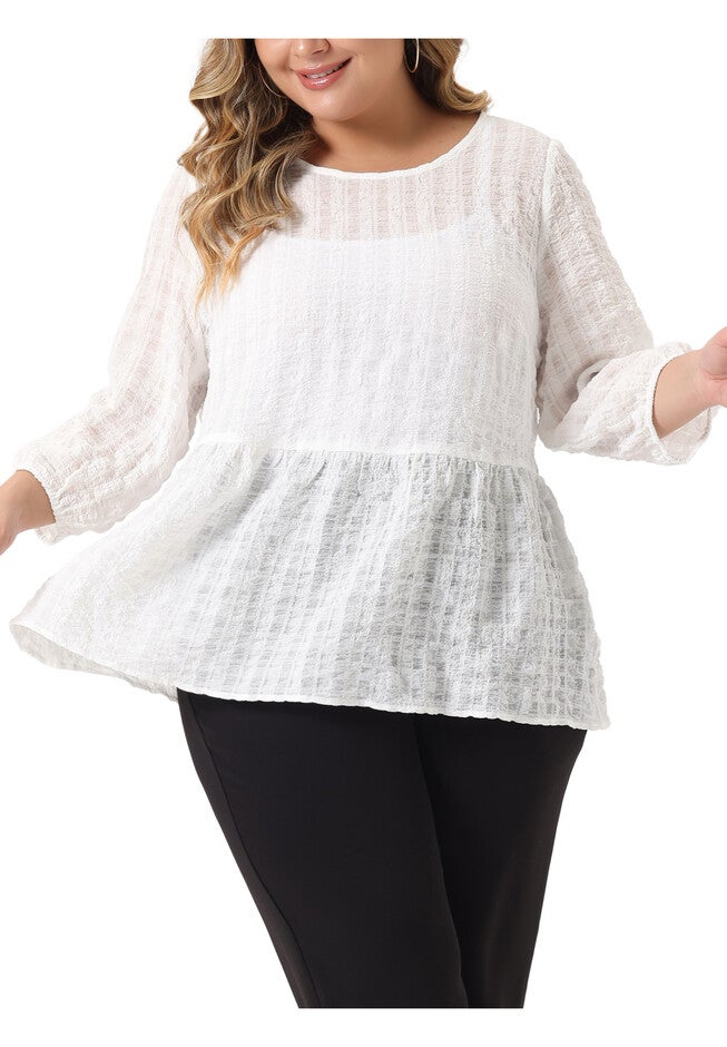 Babydoll Blouse Round Neck 3/4 Puff Sleeve Tiered Peplum Top, White / White, alternate image number 3