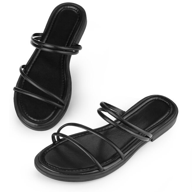 Slide Sandal Summer Strappy Slingback Flat Sandals, Black / Black, hi-res image number null