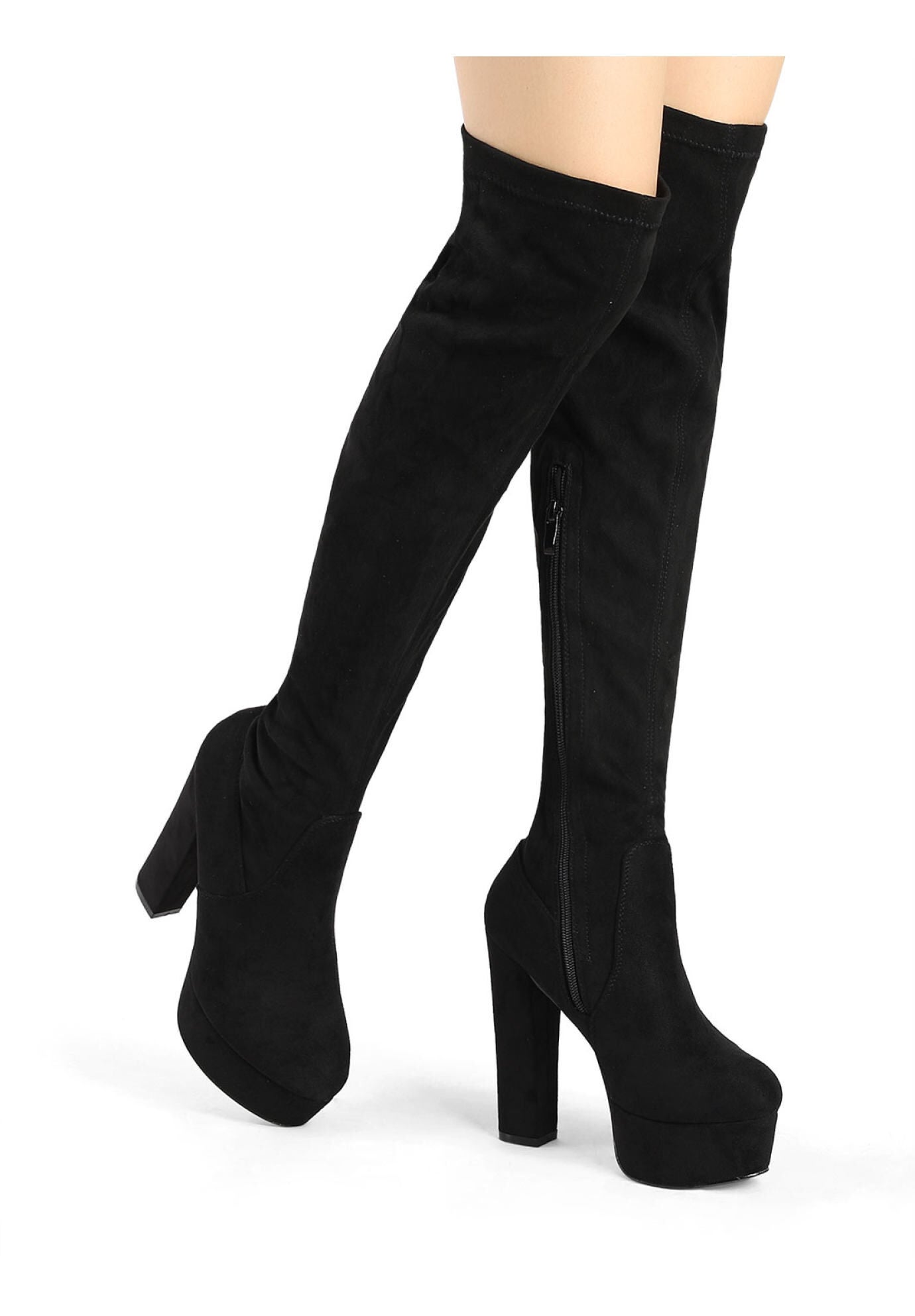 PLATFORM BLOCK HEEL OVER KNEE HIGH BOOTS, Black / Black, alternate image number 1