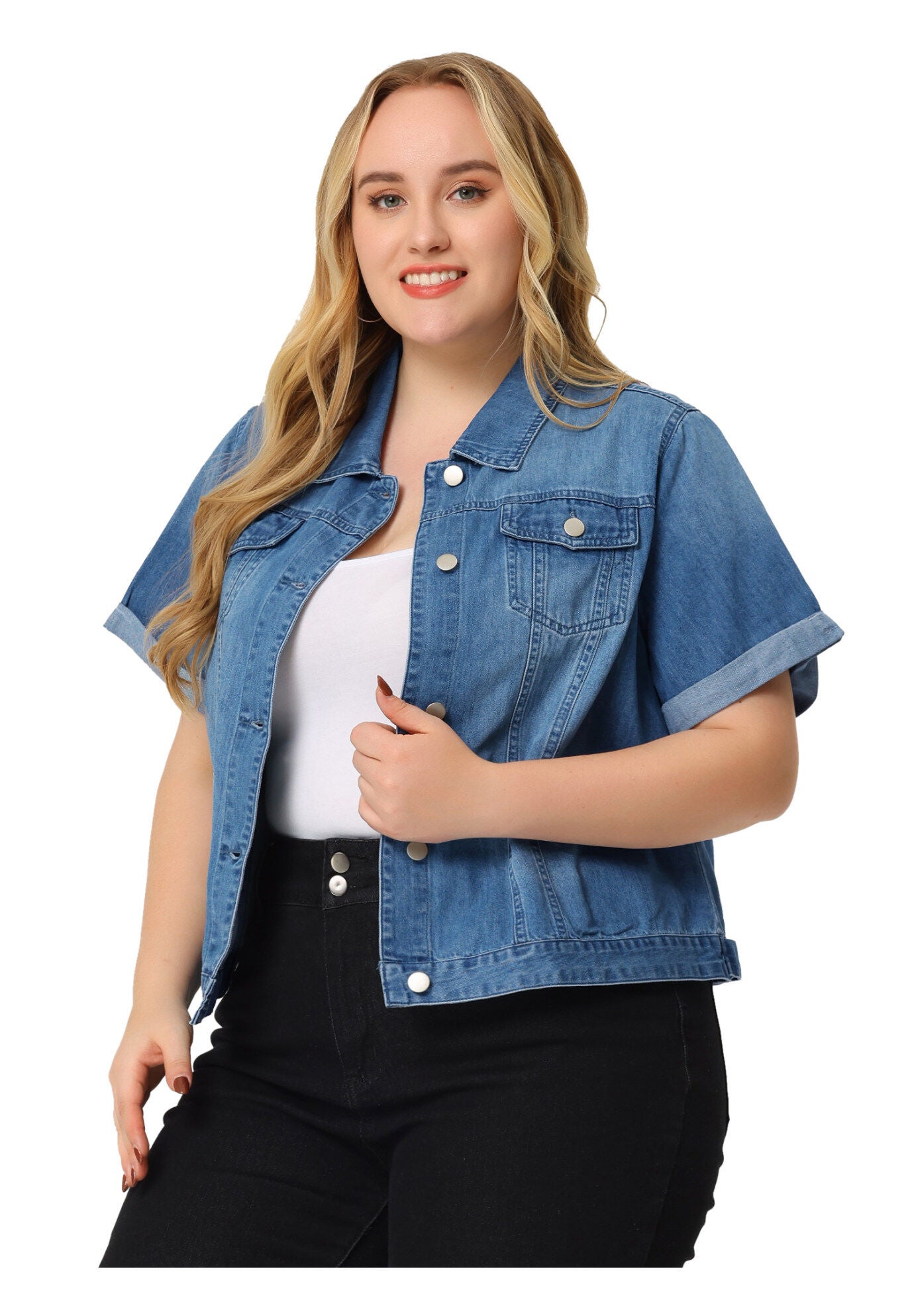 BUTTON FRONT CROP JEAN SHORT SLEEVE DENIM JACKET, Sky Blue / Light Blue, alternate image number 3