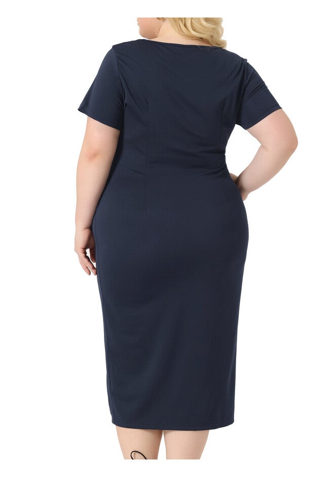 Round Neck Knot Front Short Sleeve Side Split Dress, Navy Blue / Navy, alternate image number null