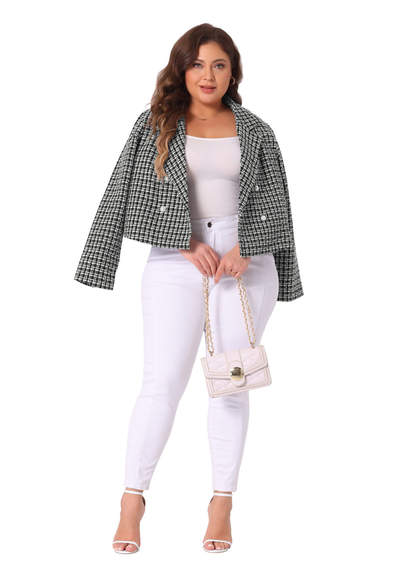 NOTCHED LAPEL CROP PLAID TWEED BLAZER, Black / Black, hi-res image number 0