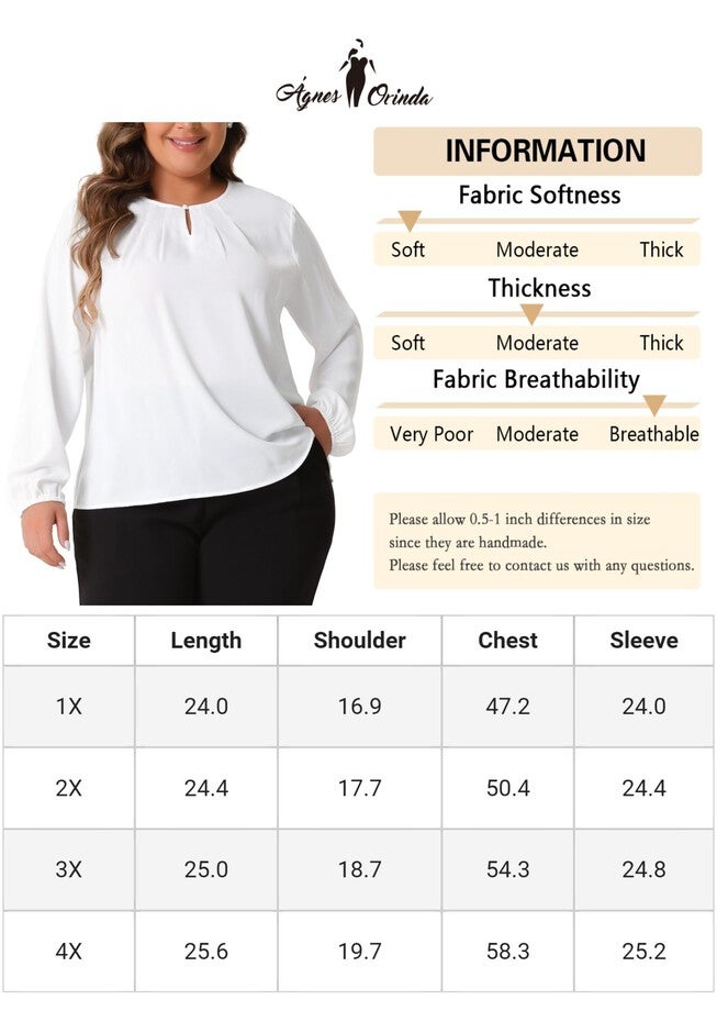 Crew Neck Pleated Curved Keyhole Long Sleeve Chiffon Blouse, White / White, alternate image number 4