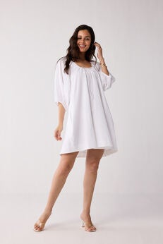 Puff Sleeved Dress with Drawstring Neckline