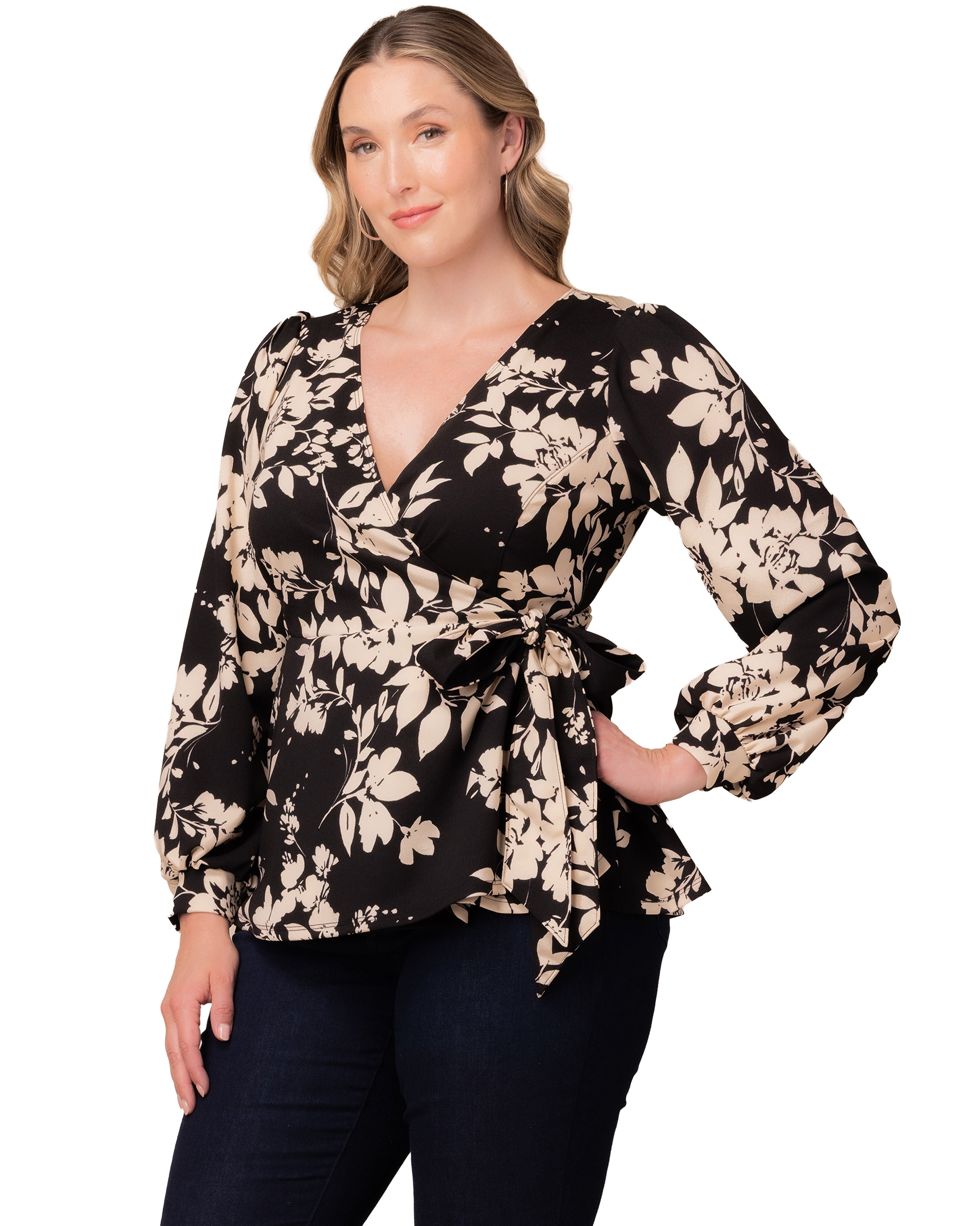 Natasha Long Sleeve Wrap Top, VINTAGE IVORY FLORALS / Black, alternate image number 1