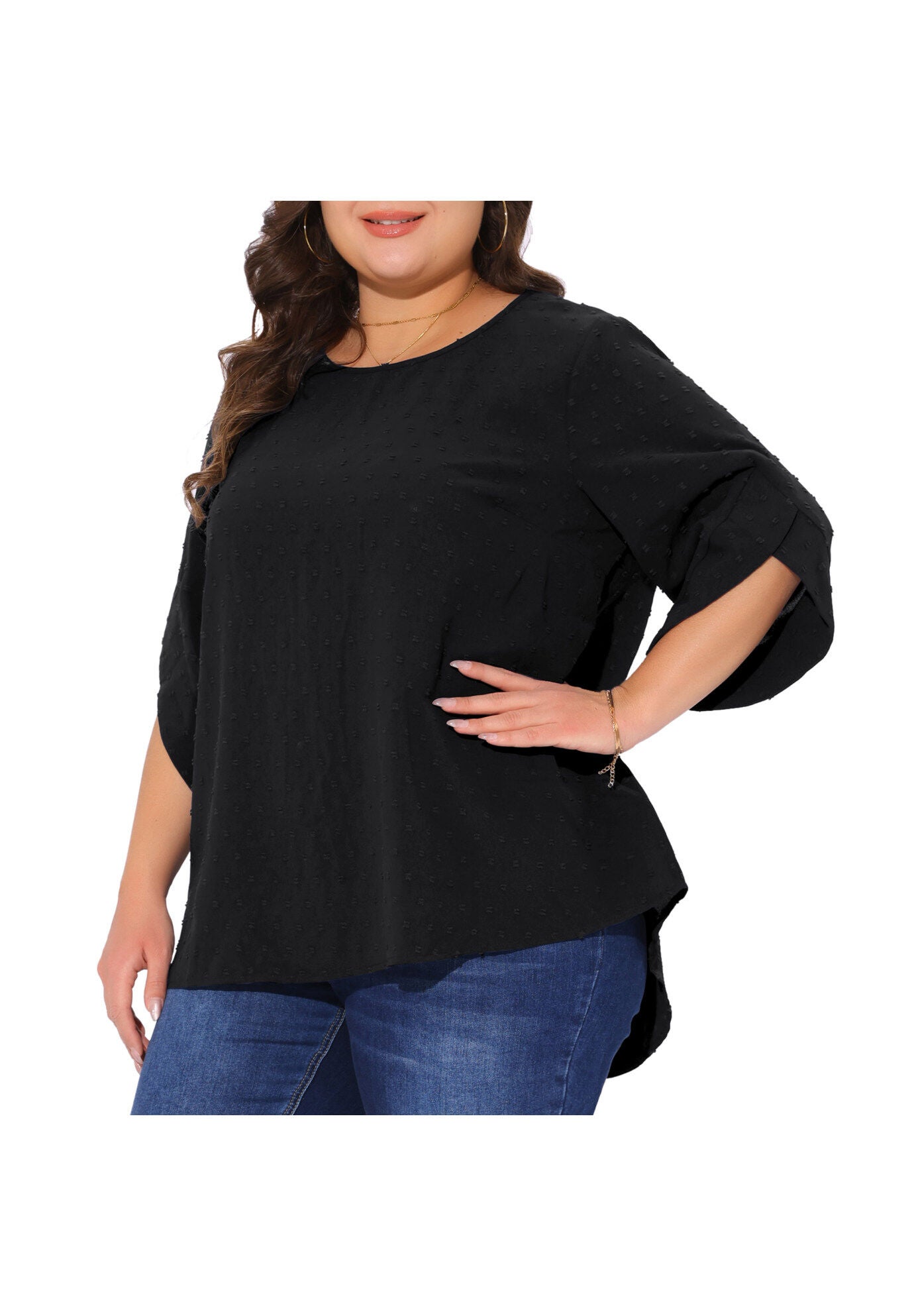 Round Neck Petal Sleeve Swiss Dots Blouse Top, Black / Black, alternate image number 1