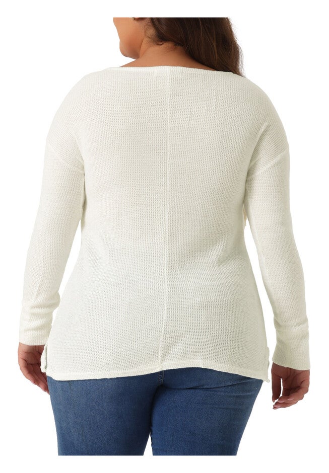 V Neck Waffle Knit Long Sleeve Shirt Basic Top, White / White, alternate image number 3