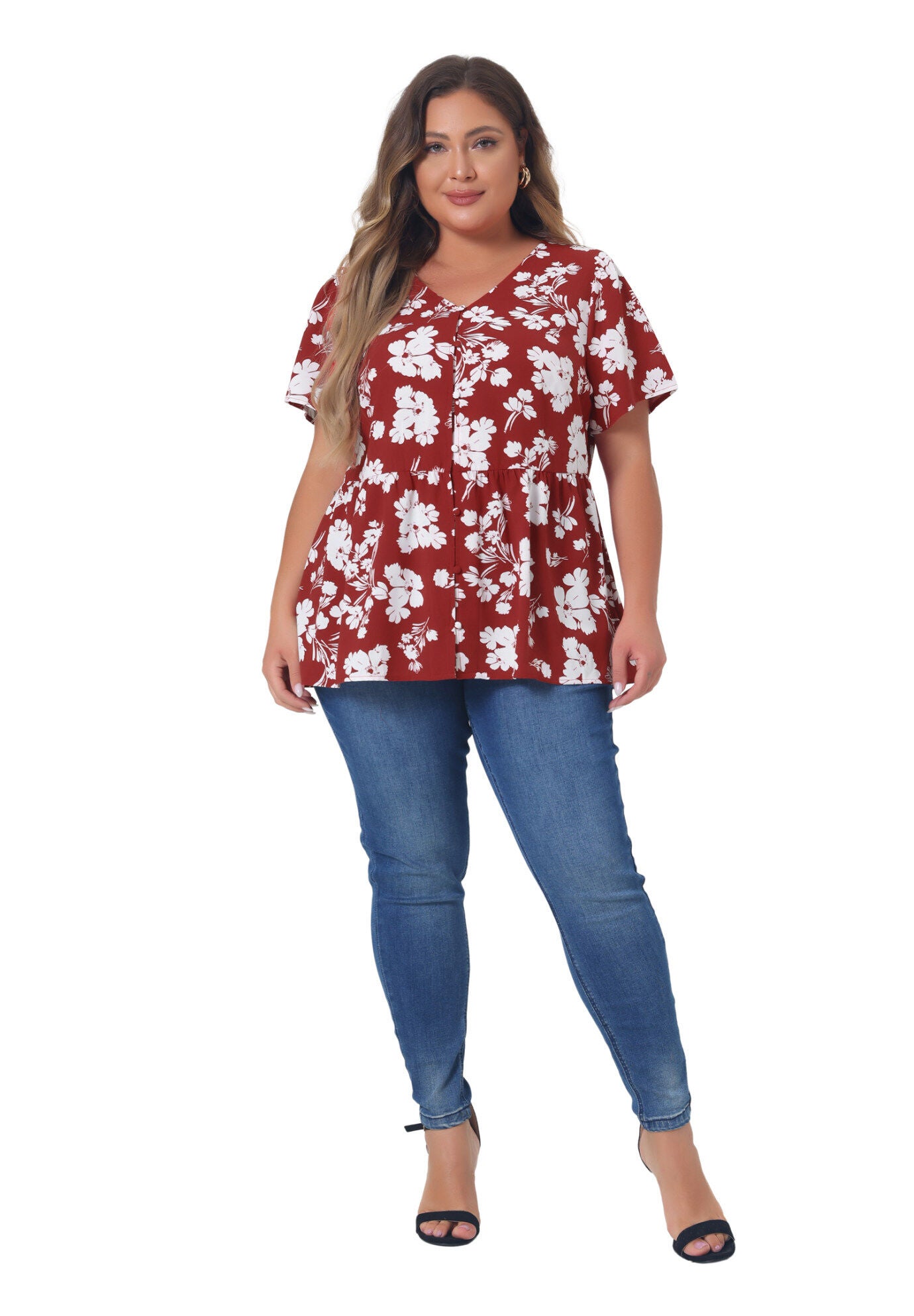 Chiffon Shirt V Neck Ruffle Short Sleeve Floral Peplum Top, Red / Red, hi-res image number 0