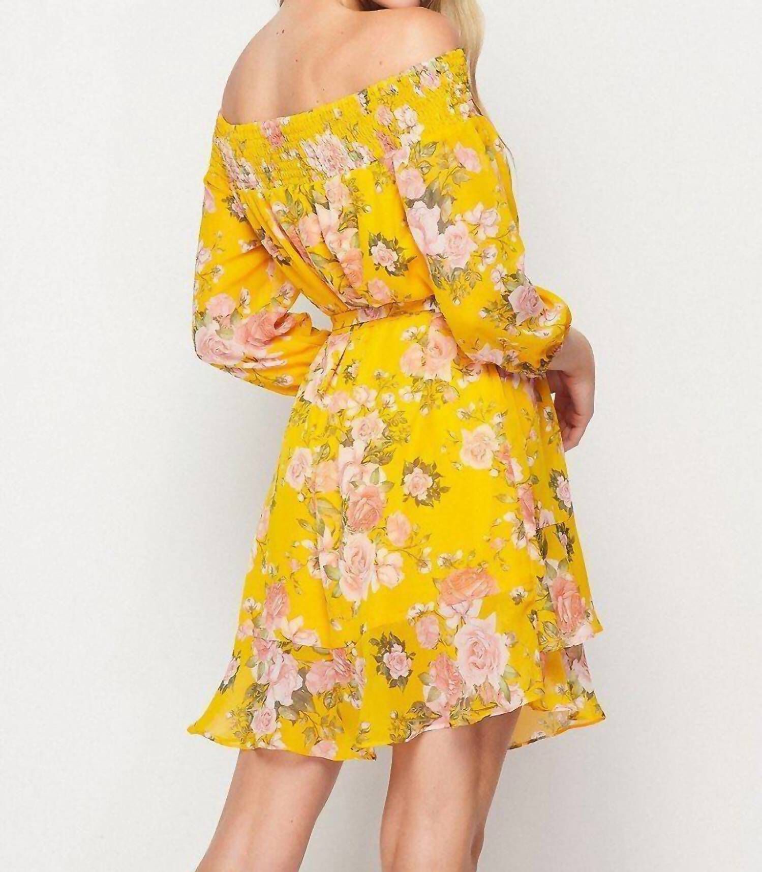 FLORAL OFF THE SHOULDER MINI DRESS IN YELLOW MULTI, , alternate image number 5