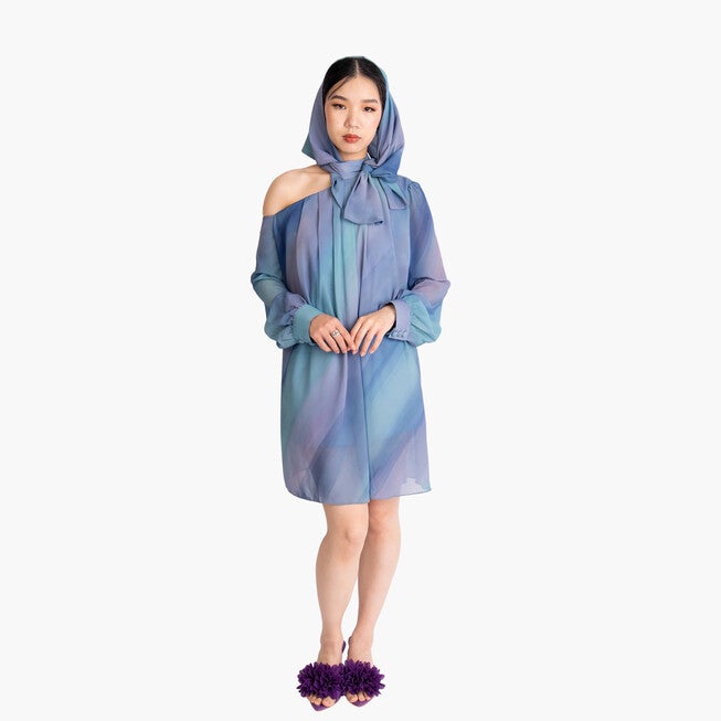 Bow Tie Printed Mini Dress, Azure / Azure Blue, hi-res image number 0