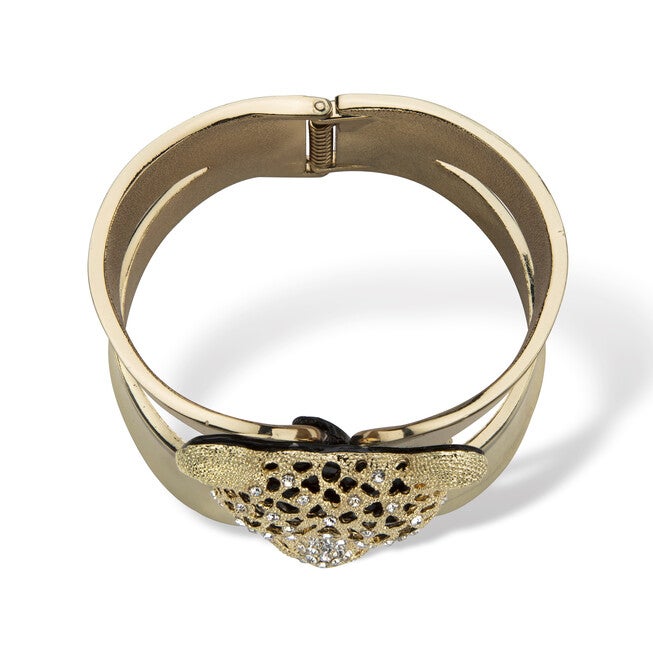 Goldtone Crystal Leopard Hinged Cuff Bangle Bracelet (50mm), , alternate image number 3
