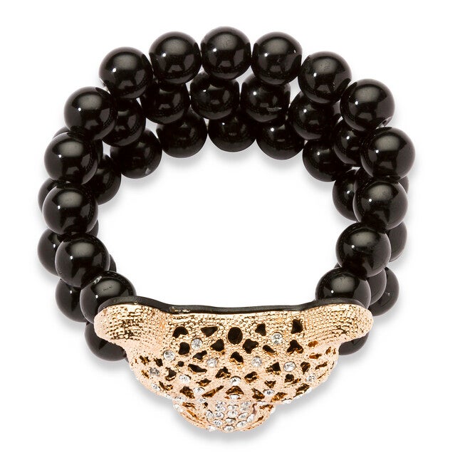 Genuine Black Onyx and Crystal Leopard Stretch Bracelet in Yellow Goldtone, , alternate image number null