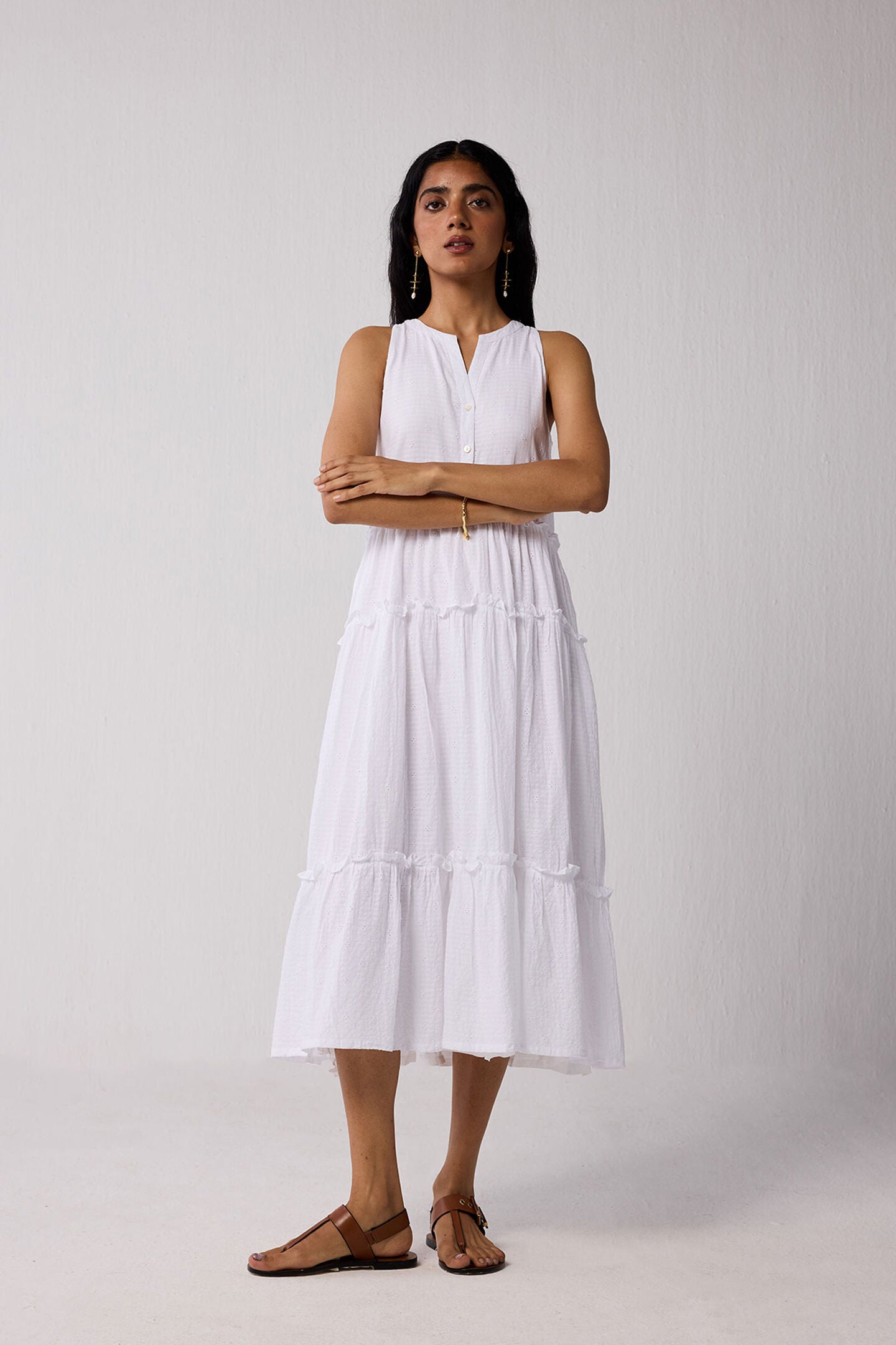 Embroidered Sleeveless Maxi Dress in White, Textured Eyelet in White / White, alternate image number 6