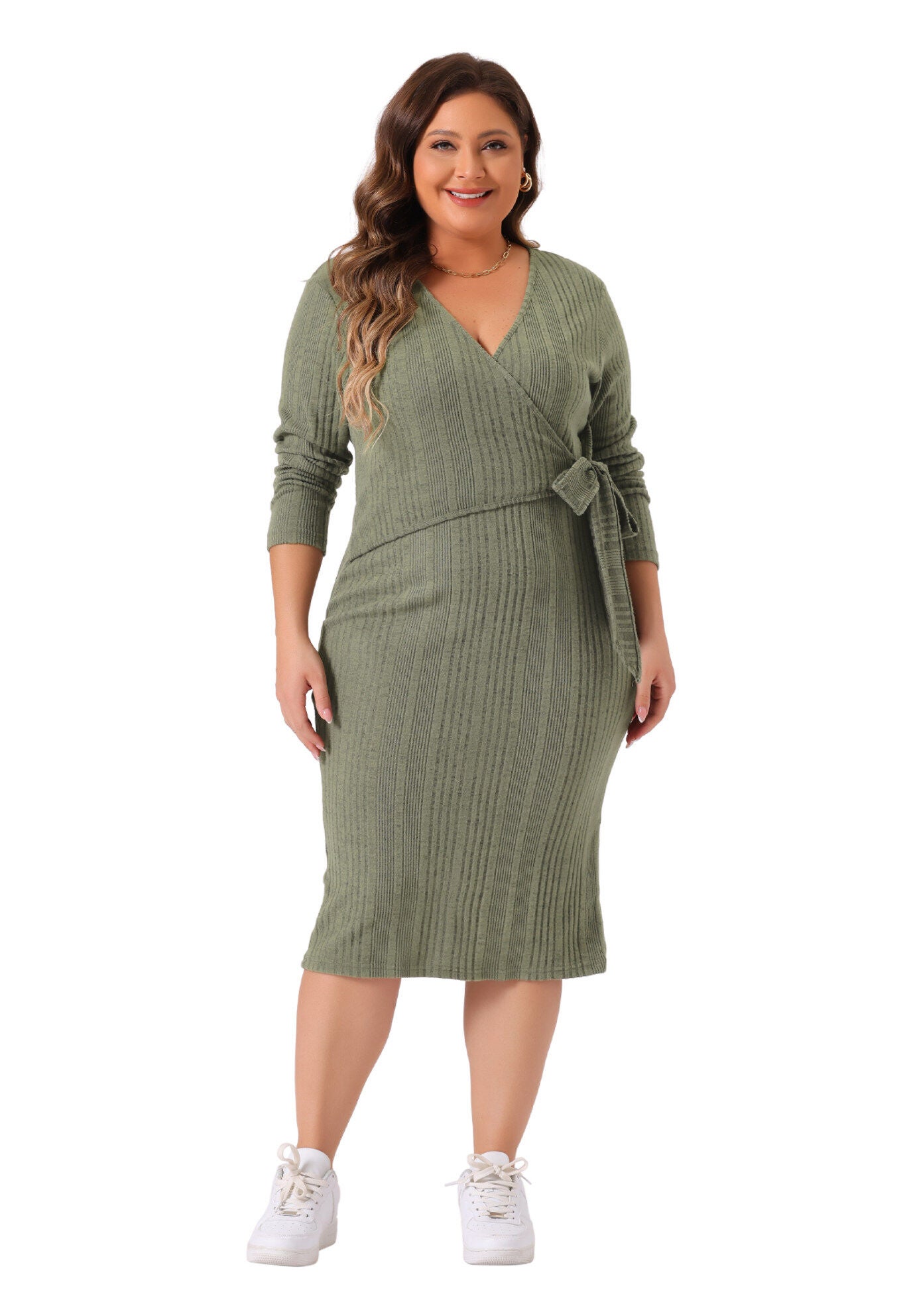 Wrap V Neck Long Sleeve Back Slit Elegant Midi Dress with Belted, Green / Sage Green, hi-res image number 0