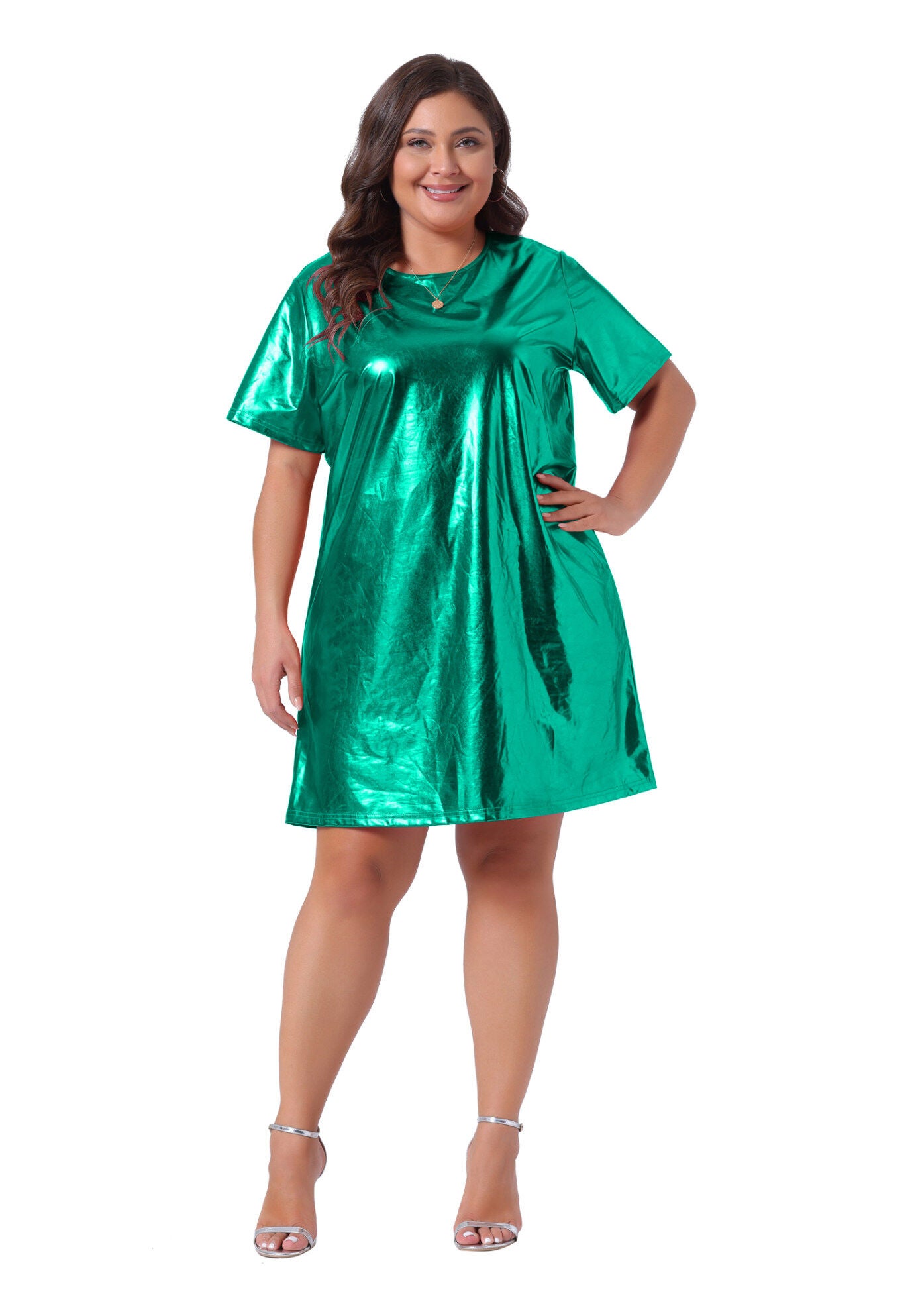 Metallic Round Neck Short Sleeve Loose Mini T-Shirt Dress, Green / Teal, hi-res image number 0