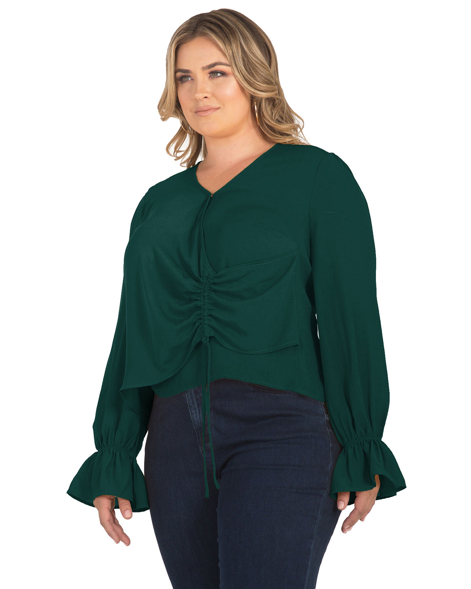 Plus Size Vera Tie Front Flute Sleeve Blouse, Teal / Teal, alternate image number 1