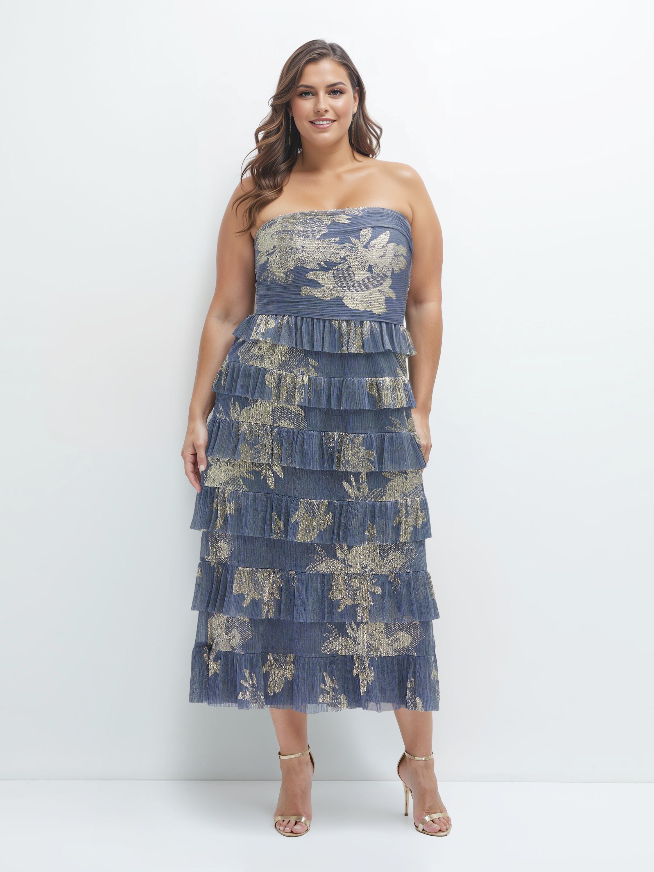Ruffle Tiered Skirt Metallic Pleated Strapless Midi Dress with Floral Gold Foil Print, French Blue Gold Foil / White, hi-res image number 0