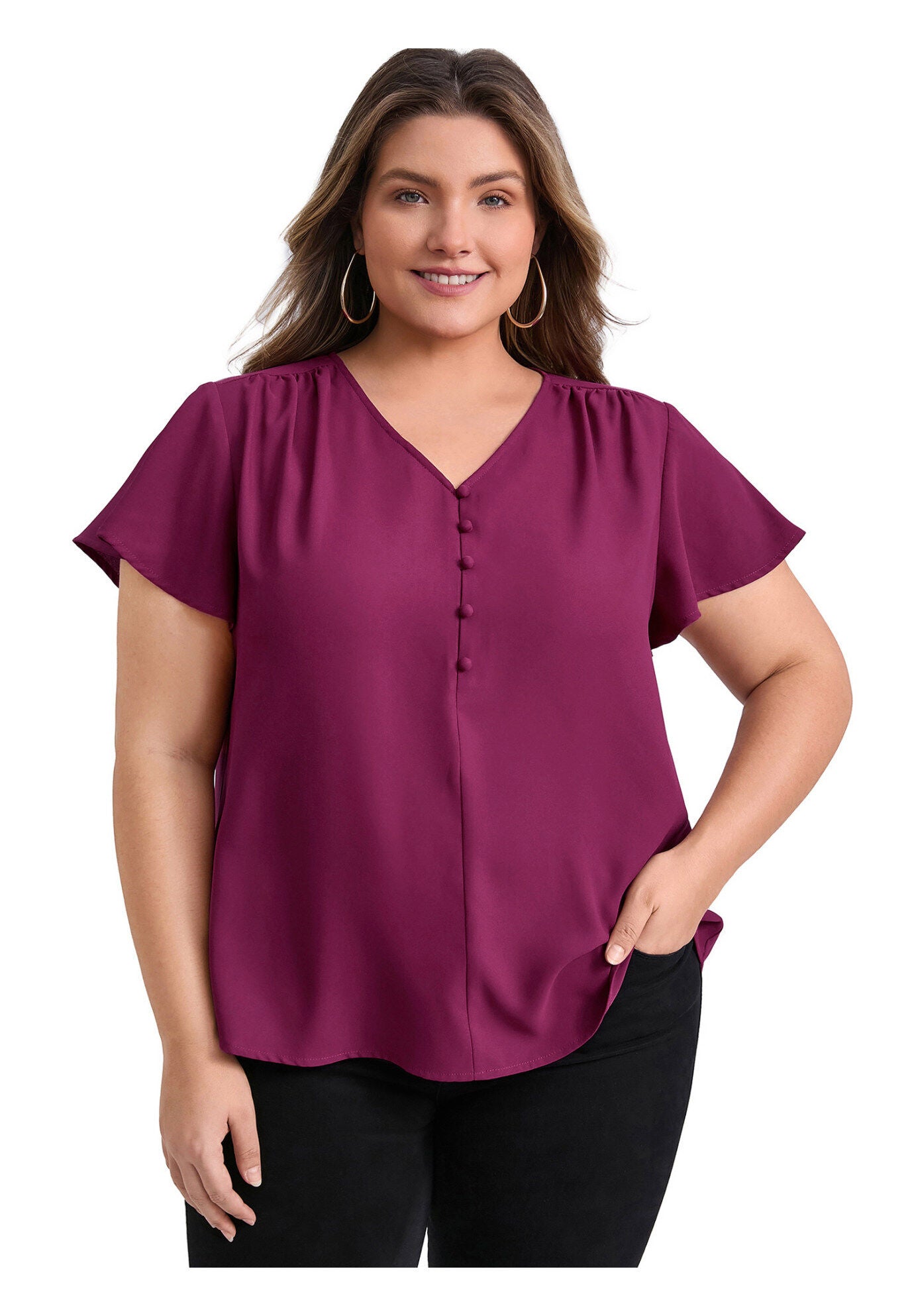 Pleated Ruffle Short Sleeve V Neck Button Decor Blouse Top, Purple Red / Red, hi-res image number 0