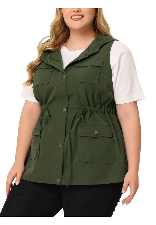 DRAWSTRING LIGHTWEIGHT SLEEVELESS CARGO HOODED ANORAK UTILITY VEST, Army Green / Olive Green, alternate image number 4