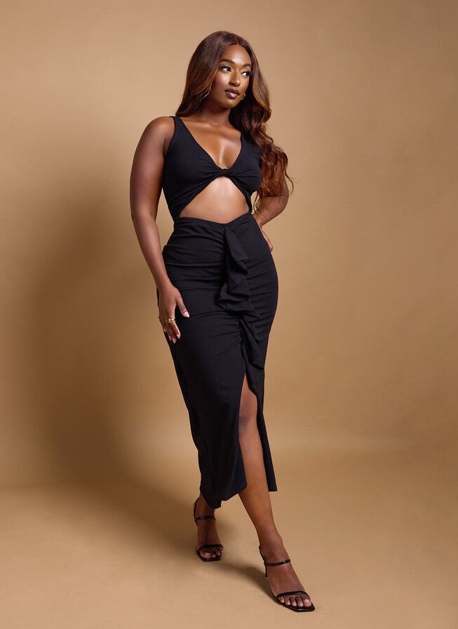 LUNA RUFFED CUT OUT MAXI DRESS, Black / Black, alternate image number 4