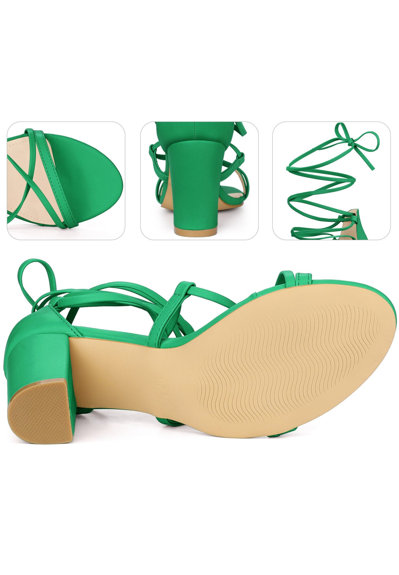 Strappy Strap Lace Up Chunky Heel Sandals, Green / Kelly Green, alternate image number 2