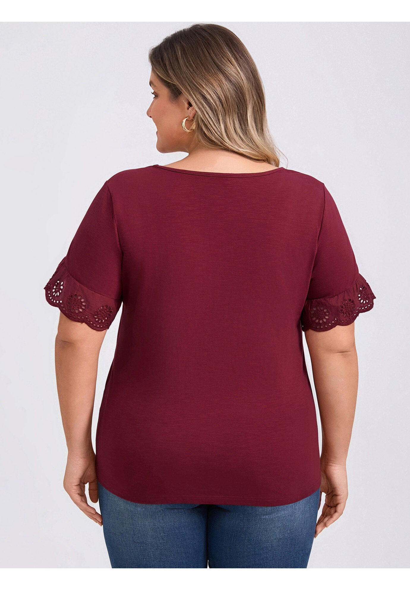 Eyelet Embroidered Lace Short Sleeve Blouse V Neck Top, Burgundy / Burgundy, alternate image number 2