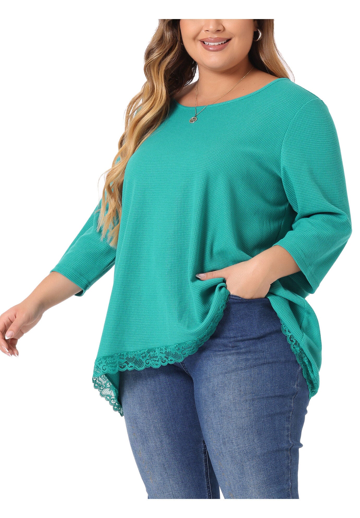 Waffle 3/4 Sleeve Lace Panel Loose High Low Hem Blouse Top, Blue Green / Turquoise, alternate image number 1