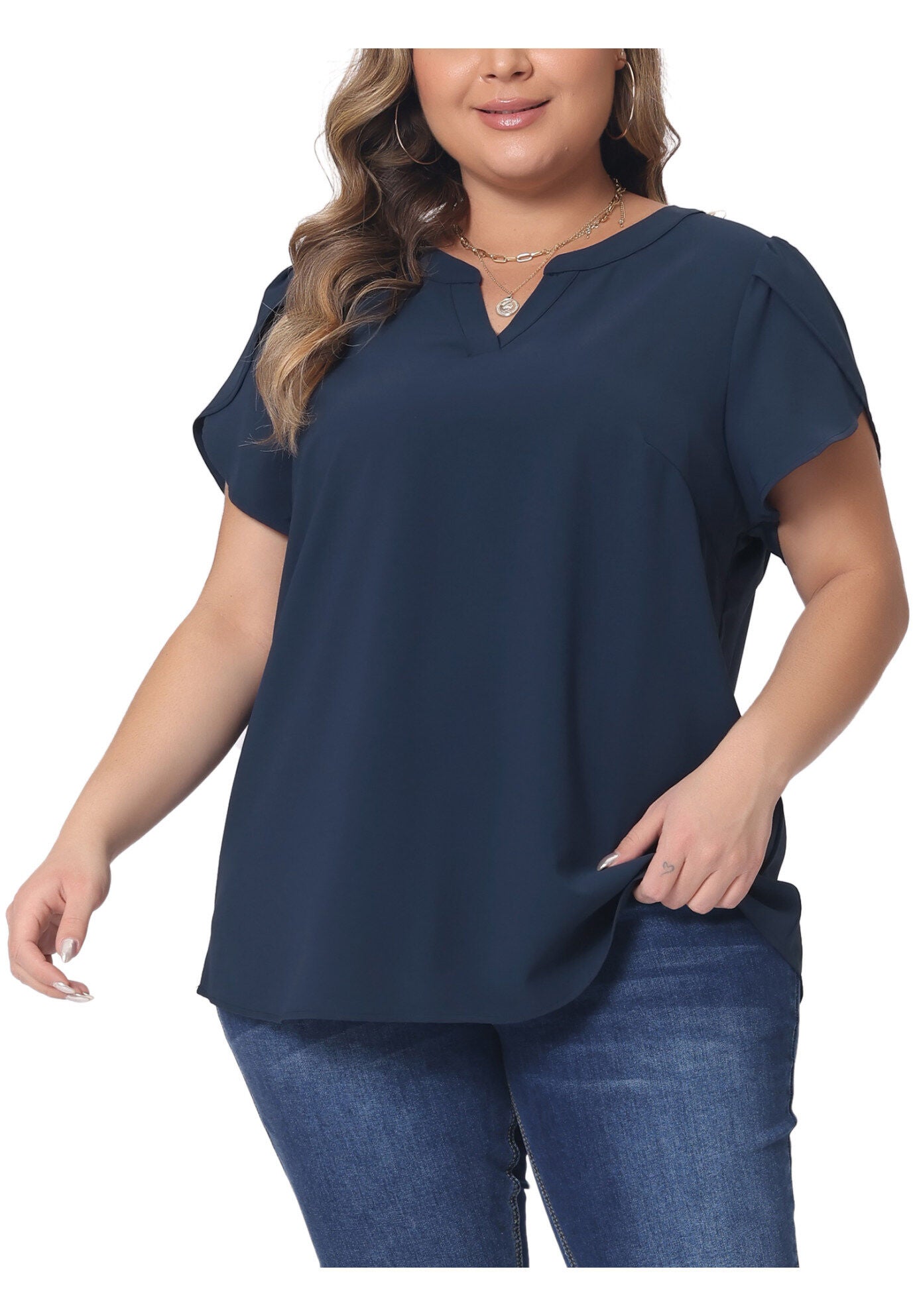 Notched V Neck Short Petal Sleeve Shirt Top, Dark Blue / Navy, alternate image number 2