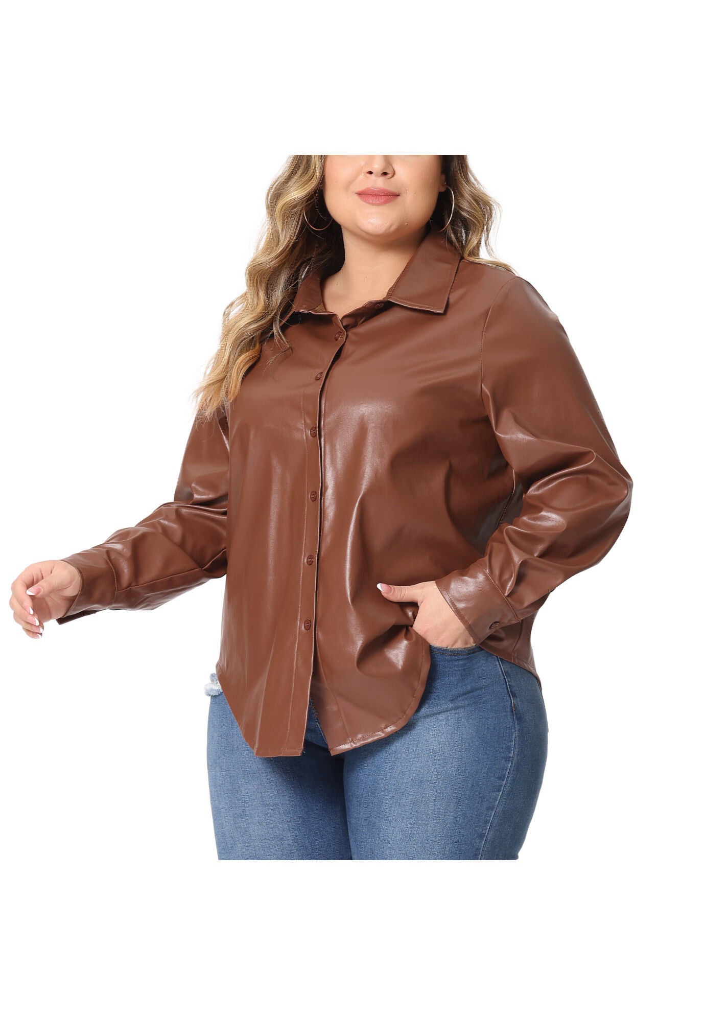 FAUX LEATHER JACKET SHACKET BUTTON DOWN SHIRT, Brown / Brown, alternate image number 1