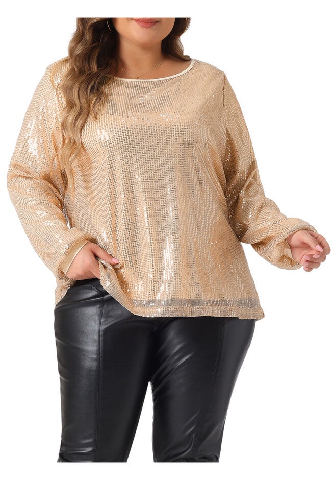 Long Sleeve Glitter Party Sparkly Sequin Top, Champagne / Gold, alternate image number 2