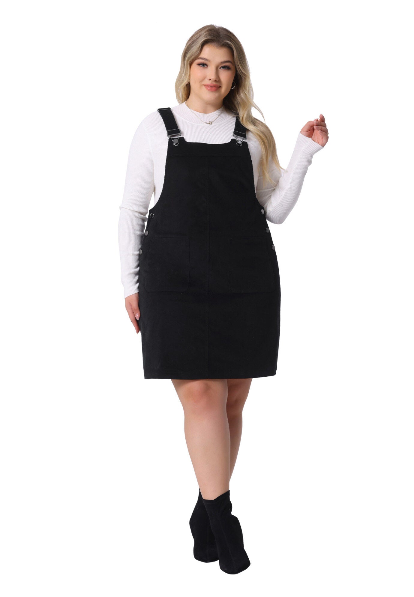 Suspender Skirt Adjustable Strap Pinafore Corduroy Overalls Dress, Black / Black, hi-res image number 0