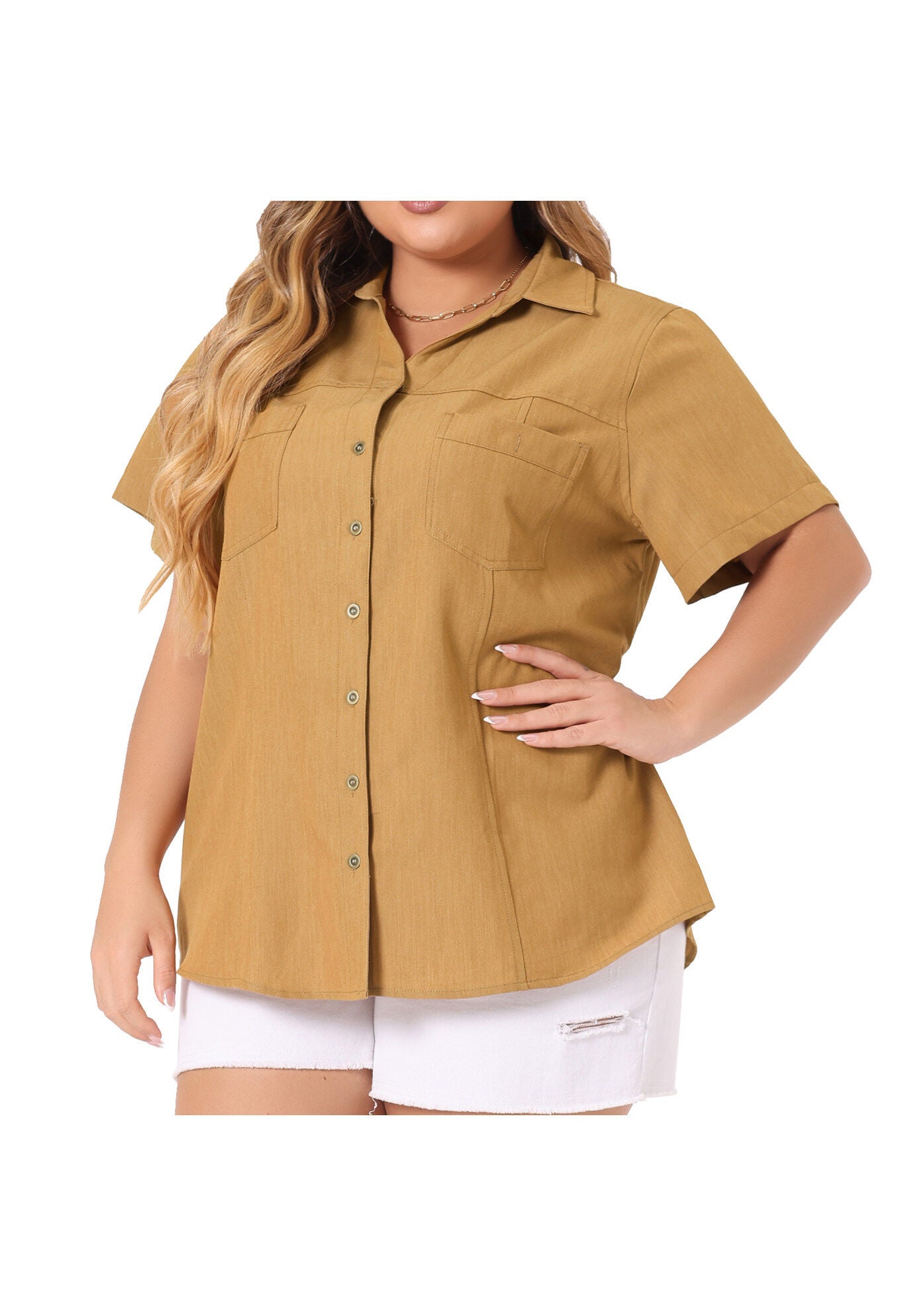Short Sleeve Chambray Button Down Denim Shirt, Light Brown / Brown, alternate image number 1