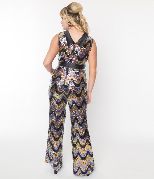 Smak Parlour Multicolor Zig Zag Sequin Cowl Neck Jumpsuit, Multicolor Zig Zag Sequin / Purple, alternate image number 1