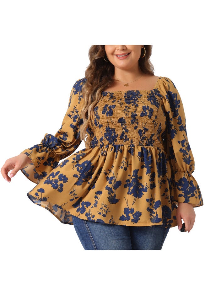 Floral Square Neck Smocked Peplum Blouses Shirts, Brown / Brown, alternate image number null