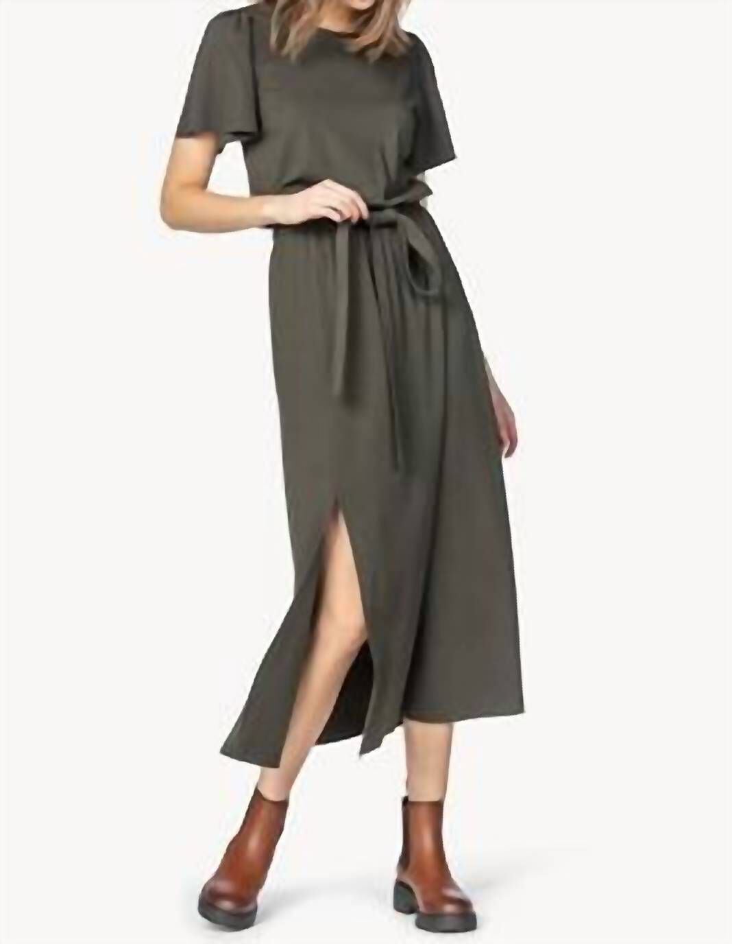 JERSEY FLUTTER SLEEVE DRESS IN OLIVE, , alternate image number 3