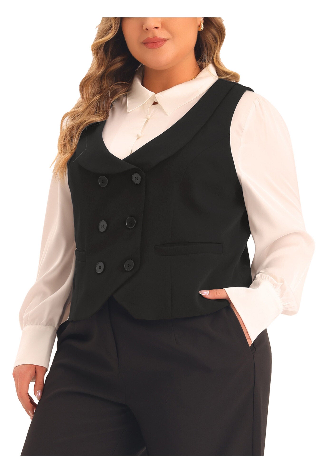 DOUBLE BREASTED LAPEL COLLAR DRESSY WAISTCOAT SUIT VEST, Black / Black, alternate image number 1