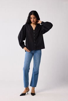 Embroidered Shirt with Long Balloon Sleeves in Black