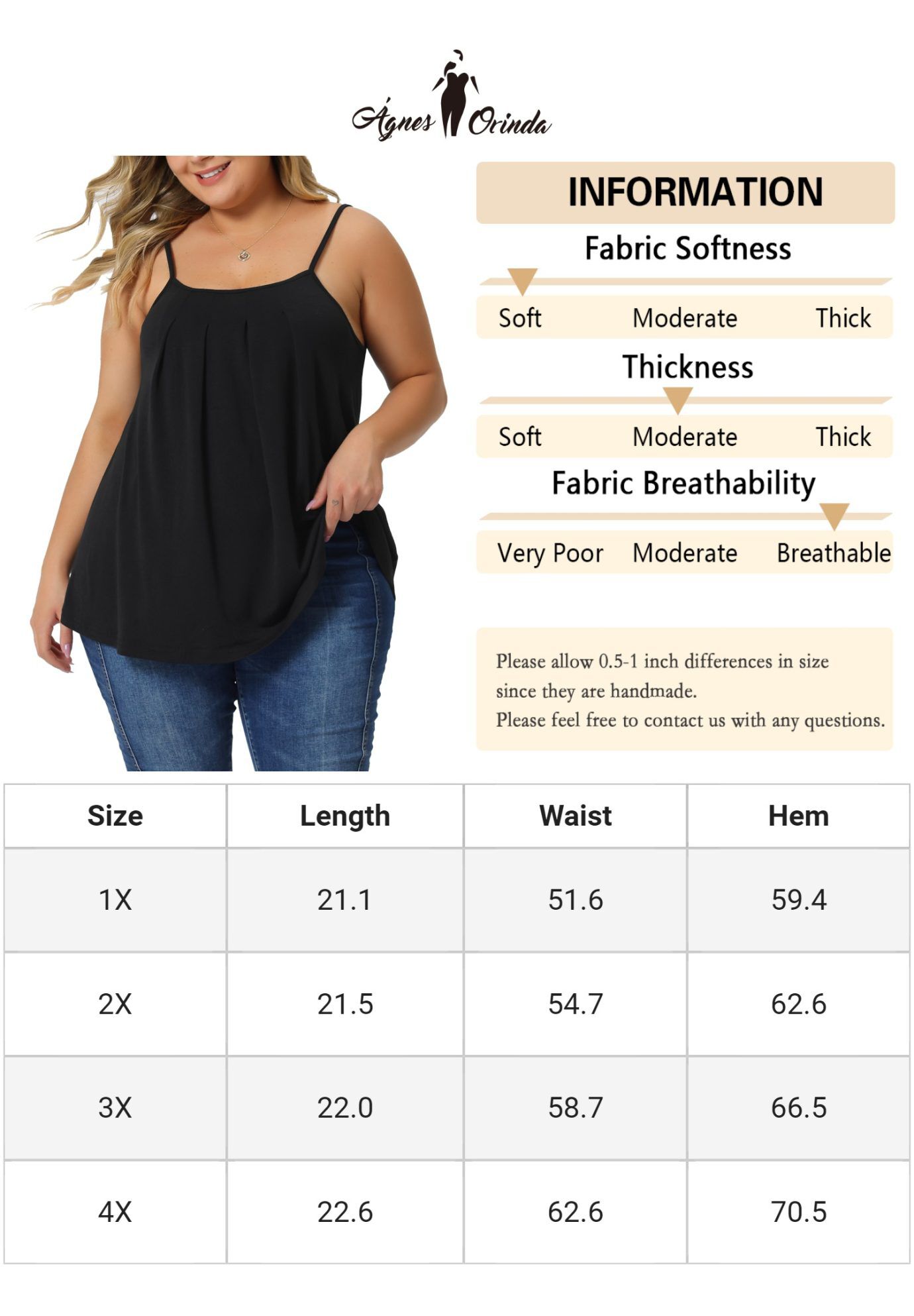 PLEATED SLEEVELESS LOOSE CAMISOLE TANK TOP, Black / Black, alternate image number 4