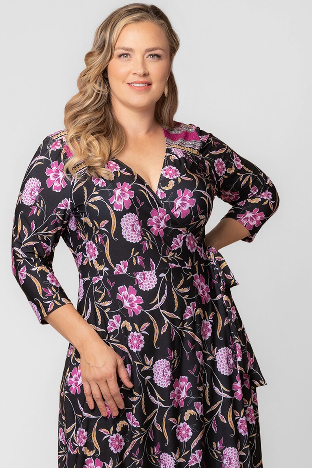 Beguiling Border Print Wrap Dress, Mauve Border Print / Black, alternate image number 2