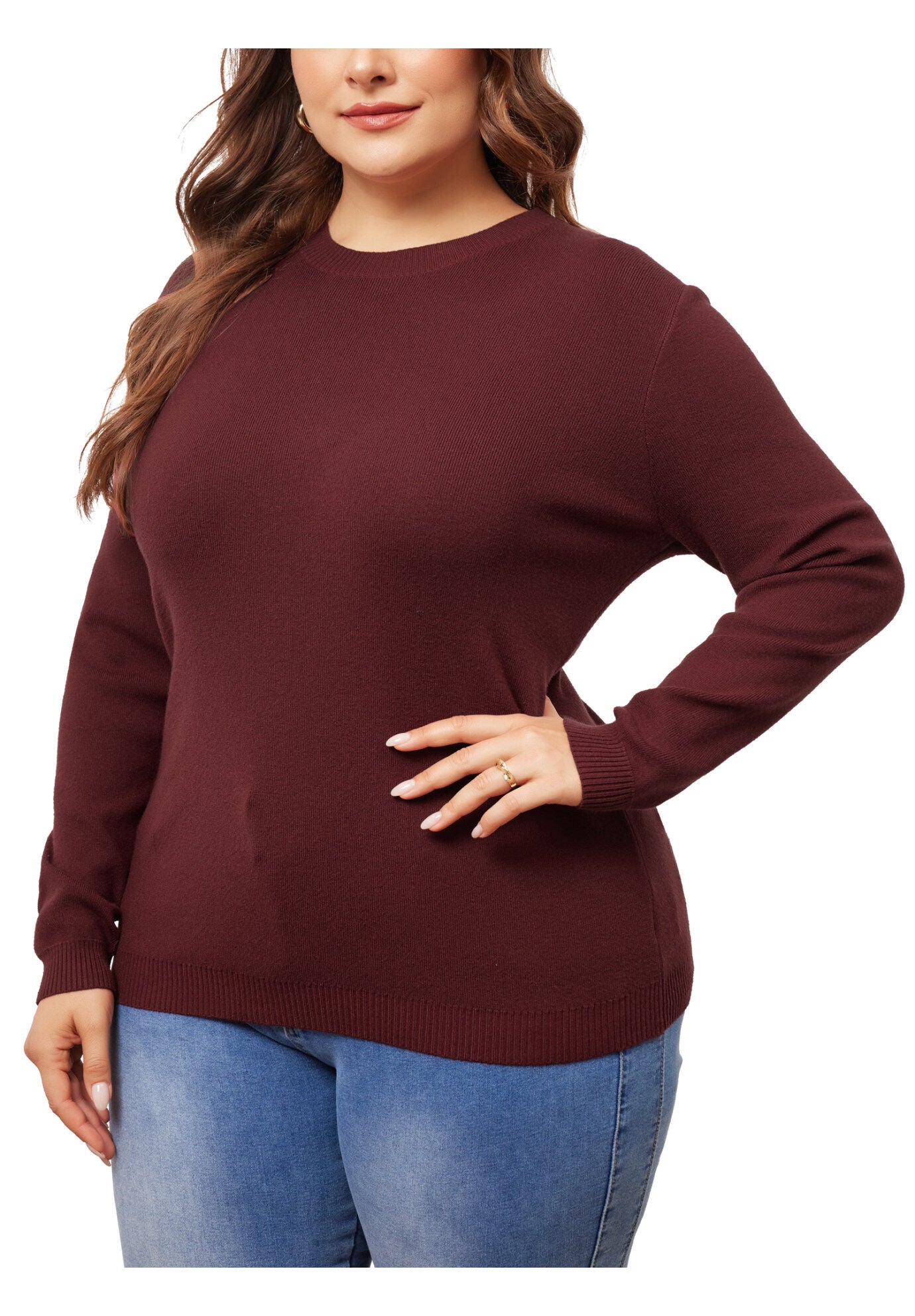 Long Sleeve Crewneck Knit Sweater Tee Top, Burgundy / Burgundy, alternate image number 2