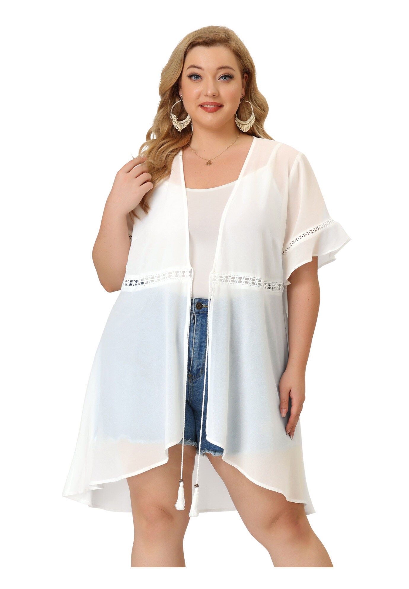 BIKINI COVER UP SHORT SLEEVE TASSEL TIE WAIST KIMONO, White / White, alternate image number 3
