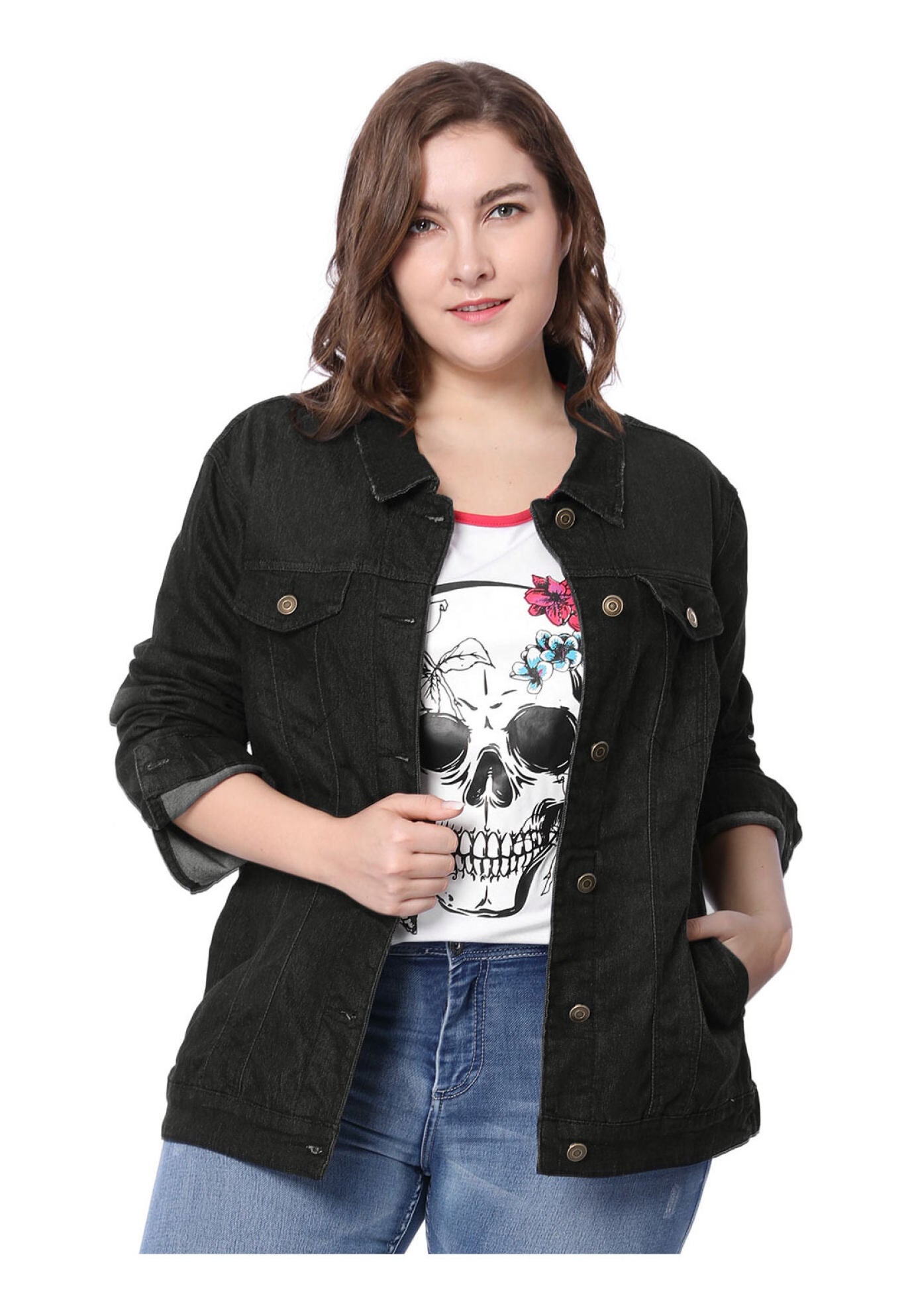 STITCHING BUTTON FRONT WASHED DENIM JACKET, Black / Black, alternate image number 1