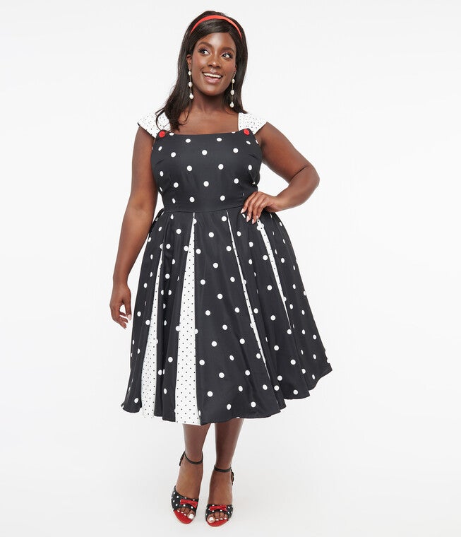 Unique Vintage Black & White Polka Dot Stripe Swing Dress, Black White Polka Dot / Black, alternate image number 1
